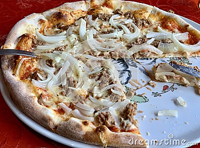 Closeup shot of an appetizing sliced pizza made of onion and meat Stock Photo