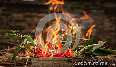 Closeup shot of a basket of chili peppers with a flaming fire in the background Stock Photo