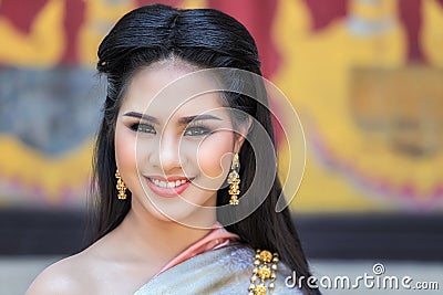 Closeup shot of Beautyful Thai woman wearing thai traditional clothing Stock Photo