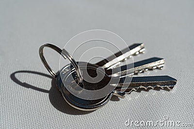 Closeup shot of a bunch of keys on a grey surface Stock Photo