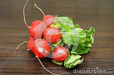 Closeup shot of a bundle of fresh red radish on a wooden surface Stock Photo