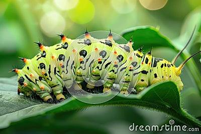 Closeup shot of a caterpillar crawling on the green plant Stock Photo