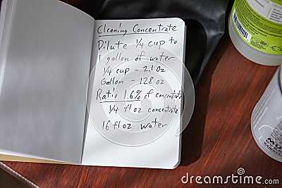 Closeup shot of cleaning concentrate handwritten recipe next to cleaning products and gloves Stock Photo