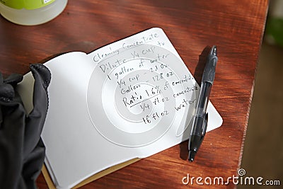 Closeup shot of cleaning concentrate handwritten recipe with pen on the wooden background Stock Photo