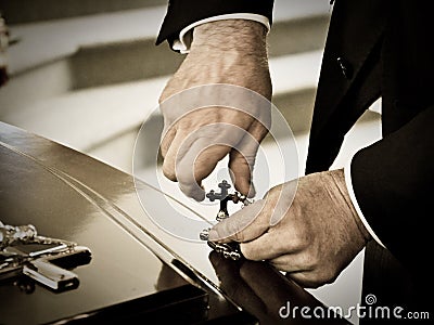 Closeup shot of a colorful casket in a hearse or chapel before funeral or burial at cemetery Stock Photo