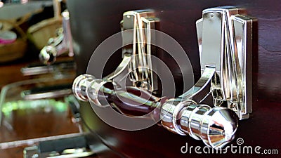 Closeup shot of a colorful casket in a hearse or chapel before funeral or burial at cemetery Stock Photo