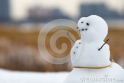 Closeup shot of a cute small snowman with rock eyes, buttons and twig arms Stock Photo