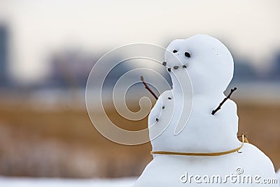 Closeup shot of a cute small snowman with rock eyes, buttons and twig arms Stock Photo