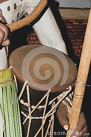 Closeup shot of Damaru, A small two-headed drum, India. Editorial Stock Photo