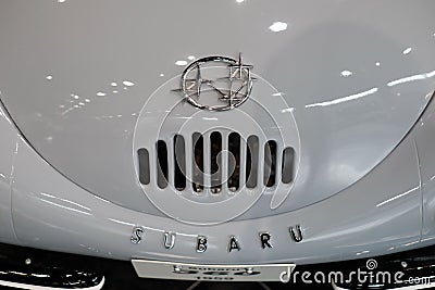 Closeup shot of details on a vintage gray Subaru car in the Toyota Motor Museum in Japan Editorial Stock Photo