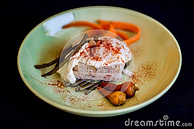 Closeup shot of eggs benedicts on toast with green beans and poached egg on a piece of bread Stock Photo