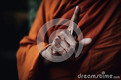 Closeup shot of an elderly Buddhist monk's hand with raised pointing finger. AI-generated. Stock Photo