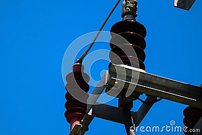 Closeup shot of an electrical power cable line and fuse in the pole Stock Photo