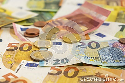 Closeup shot of European Union banknotes and coins Stock Photo