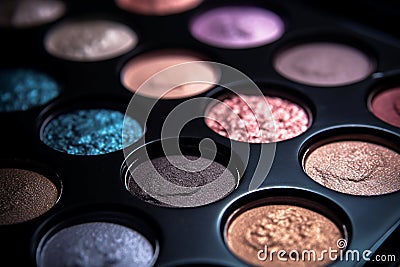 Professional eyeshadow palette macro shot. Eye shadow collection, make up theme. AI generated. Stock Photo