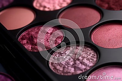 Closeup shot of eyeshadow, cosmetics, makeup. Professional eyeshadow palette macro shot. Eye shadow collection, make up theme. AI Stock Photo