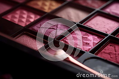 Closeup shot of eyeshadow, cosmetics, makeup. Professional eyeshadow palette macro shot. Eye shadow collection, make up theme. AI Stock Photo