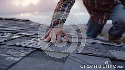 A closeup shot focuses on the skilled hands of a roofer as he carefully s and places shingles on a steep roof perfectly Stock Photo