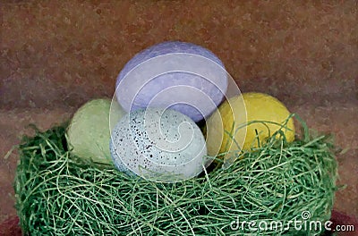 Closeup shot four pastel colored eggs in a green nest Stock Photo