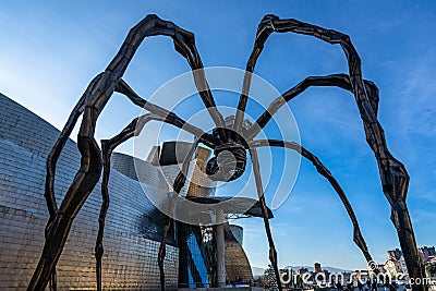 Closeup shot of a giant spider statue Maman by Louise Bourgeois in Spain Editorial Stock Photo