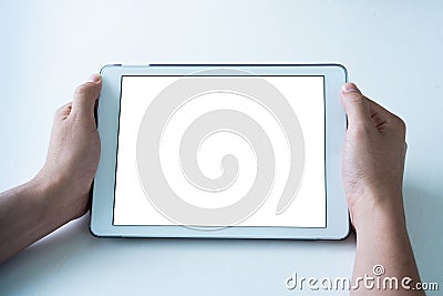 Closeup shot of hands holding tablet, Empty display device. with clipping path Stock Photo