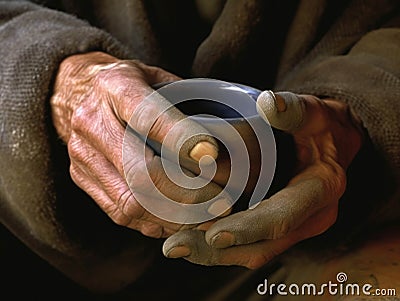 A closeup shot of a homeless persons hands grasping a cup of hot soup.. AI generation Stock Photo