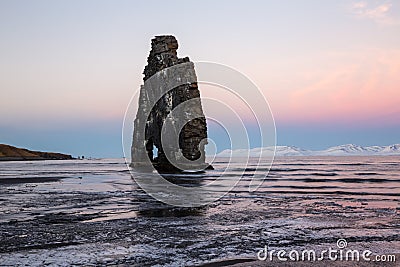 Closeup shot of the Hvitserkur sea stack, the troll of North-West, Iceland Stock Photo