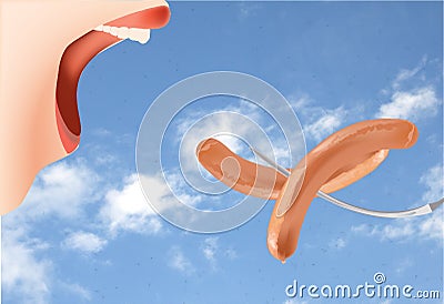 Closeup shot of an illustration of female eating sausages with a blue sky on the background Cartoon Illustration