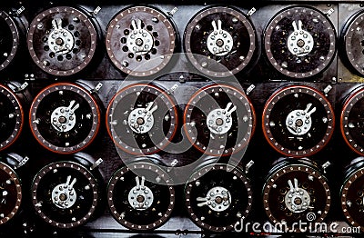 Closeup shot of indicator dials from the famous Bombe machine at Bletchley Park Stock Photo