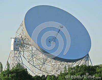 Closeup shot of Lovell radio telescope at Jodrell Bank on the background of sky, Cheshire Editorial Stock Photo