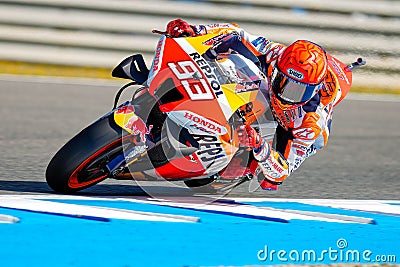 Closeup shot of Marc Marquez drifting with a motorcycle during the MotoGP in Jerez, Spain Editorial Stock Photo