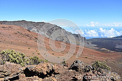 Closeup shot of the Maui Volcano shield with the panoramic rocky volcanic landscape Stock Photo