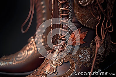 A closeup shot of a pair of brown fancy leather boots with ornaments Stock Photo