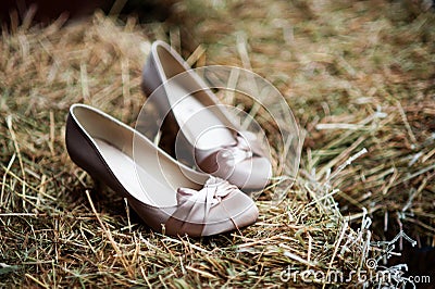 Closeup shot of a pair of pink shoes on a hay bale Stock Photo