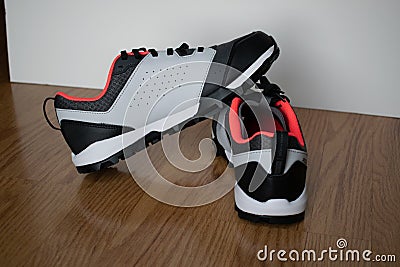 Closeup shot of a pair of sport shoes on a wooden surface Stock Photo