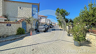 Closeup shot of a quiet neighborhood with green trees facing the house buildings Editorial Stock Photo