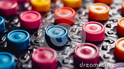 A closeup shot of a retroinspired embossed control panel featuring a colorful array of raised buttons and s in a Stock Photo