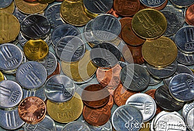 Closeup shot of Romanian coins on top of each other Stock Photo