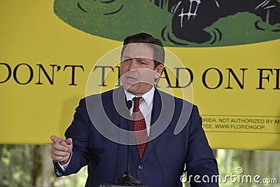 Closeup shot of Ron DeSantis during a political speech in Oviedo, FL Editorial Stock Photo
