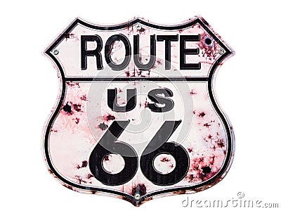 Closeup shot of route 66 sign isolated on white background Stock Photo