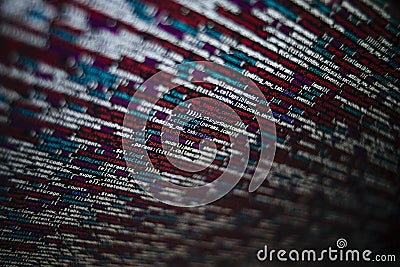Closeup shot of a screen with HTML JavaScript source code for web page development data Stock Photo