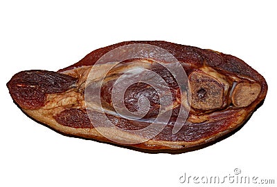 Closeup shot of a slice of smoked pork leg isolated on a white background Stock Photo