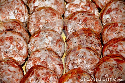 Closeup shot of slices of sausage arranged next to each other Stock Photo