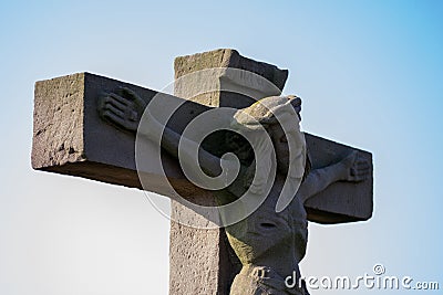 Closeup shot of the statue of Jesus Christ touching the clear sky Stock Photo