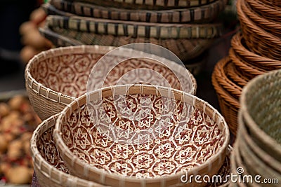 Closeup shot of various baskets in a market for sale Stock Photo