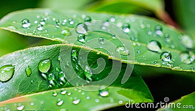 Closeup shot of water droplets on green leaves.jpg Stock Photo