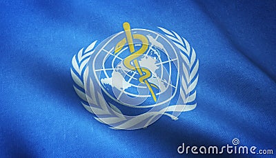 Closeup shot of the waving flag of the World Health Organization with interesting textures Editorial Stock Photo