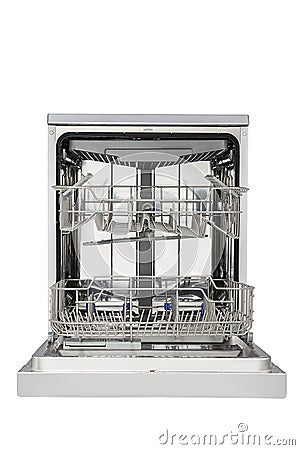 Closeup shot of white dishwasher with opened door Stock Photo