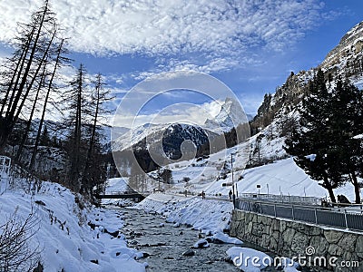 Closeup shot of winter in Zermatt, Matterhorn, Valais in the Swiss Alps Stock Photo