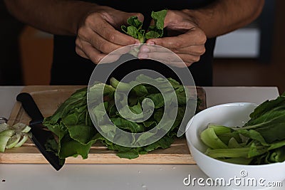 Closeup shot of a young man cutting a bunch of spinach Stock Photo